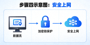 步骤四示意图：加密锁保护着从电脑发出的数据流，表示安全上网