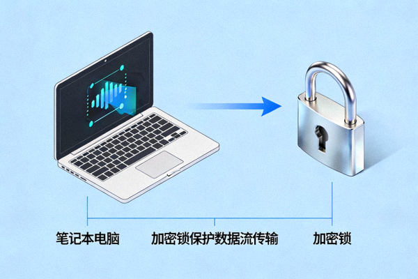 示意图：加密锁保护着从笔记本电脑发出的数据流