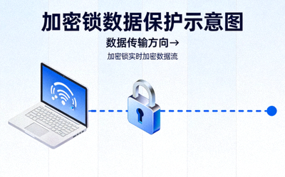 隐私保护示意图：一个坚固的盾牌保护着笔记本电脑，周围环绕着加密锁和“无日志”图标